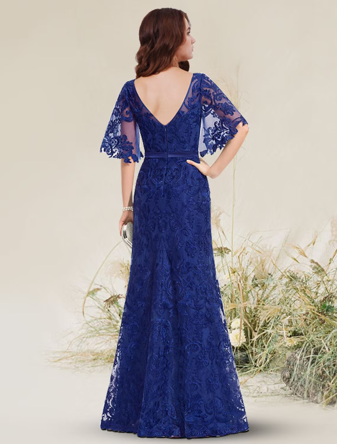 A-Line Evening Gown Elegant Dress Engagement Floor Length Short Sleeve Jewel Neck Lace with